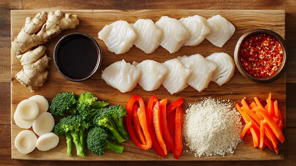 Fresh ingredients for fishcakes and scallops stir fry, including white fish, scallops, vegetables, and Asian seasonings.