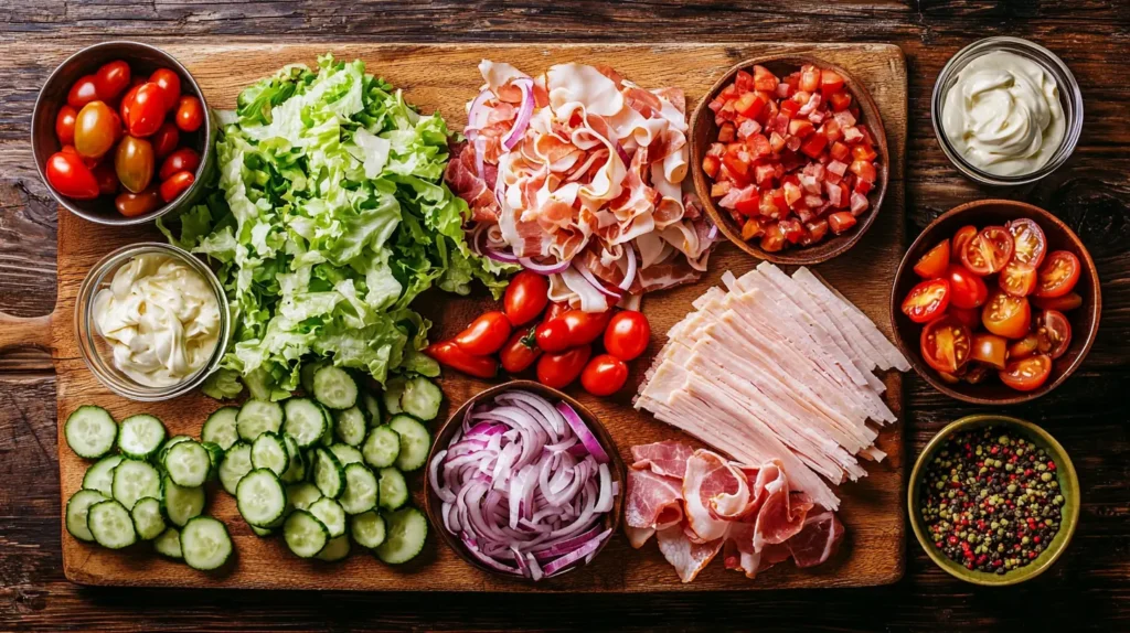 Fresh ingredients for a "Sub in a Tub Recipe," including lettuce, grilled chicken, bacon, cherry tomatoes, cucumbers, and red onions.