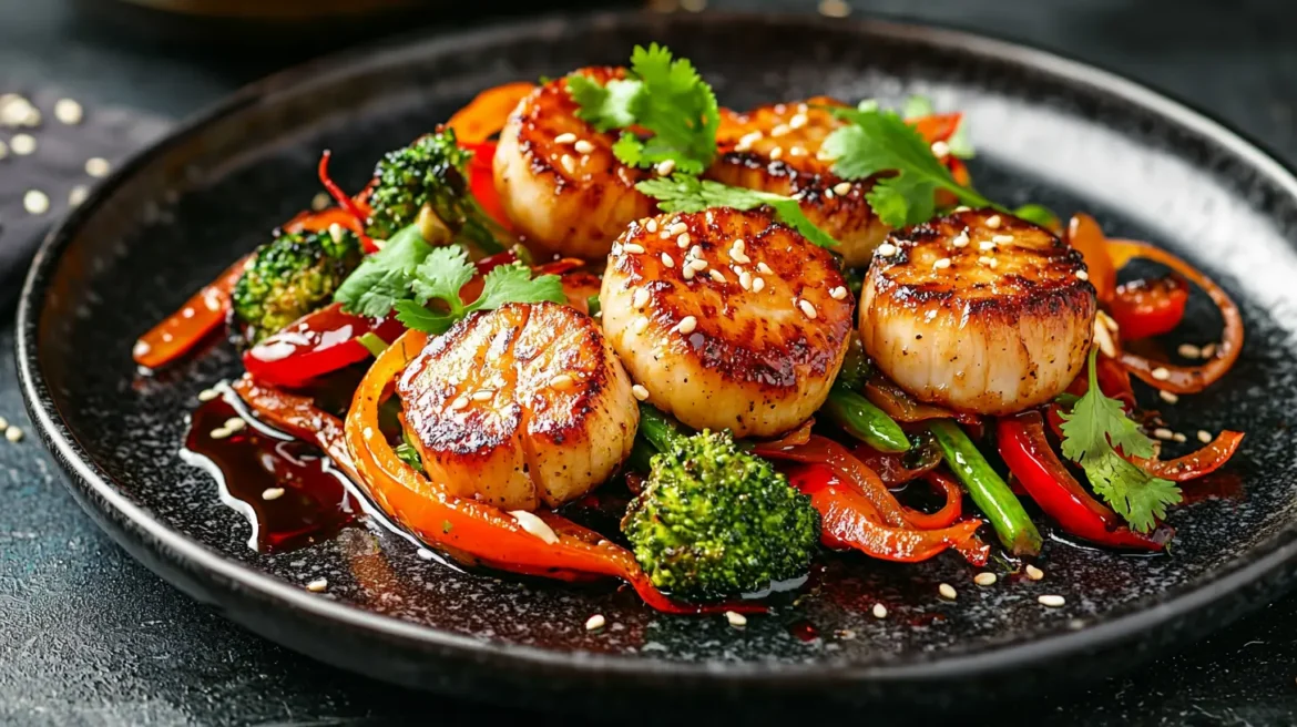 Crispy fishcakes and seared scallops stir-fried with vibrant vegetables, served with a delicious soy-based sauce.