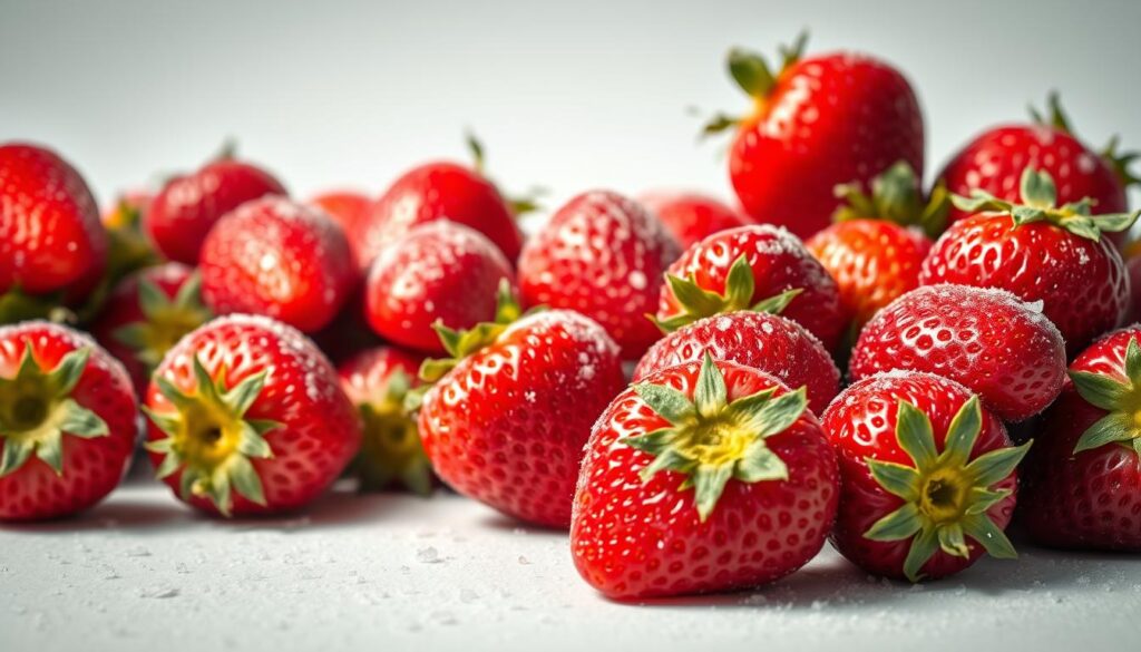 Fresh ripe strawberries with green leaves on a white background, ready for making homemade strawberry puree.