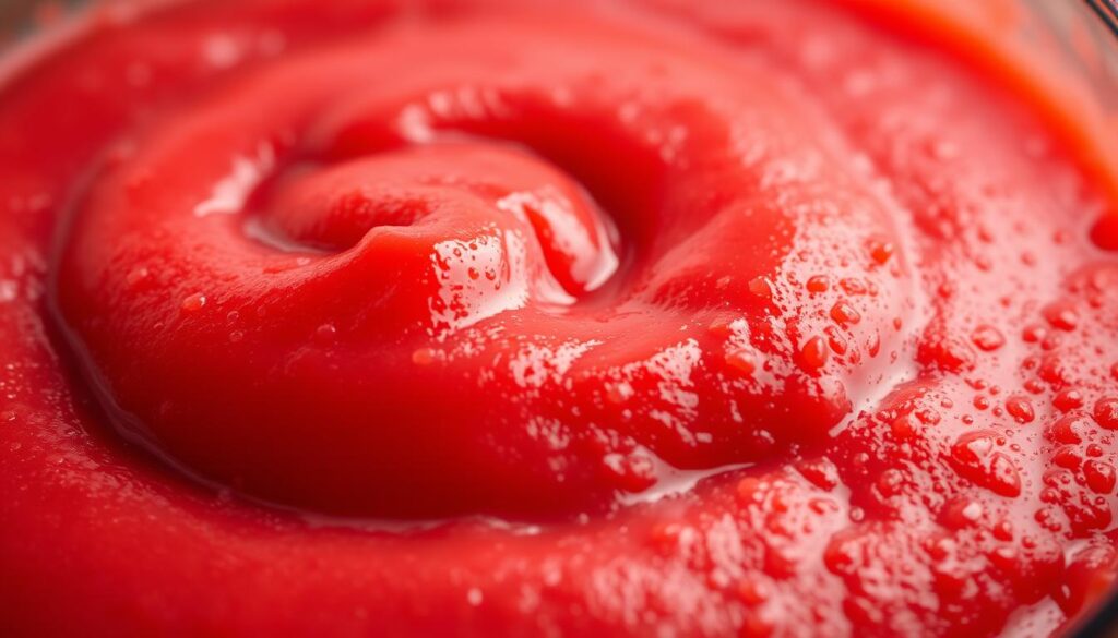 Close-up of smooth and glossy homemade strawberry puree with a vibrant red color.