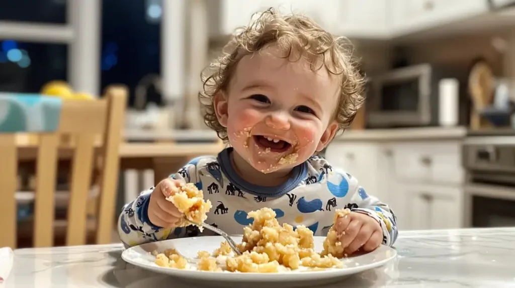 Baby enjoying homemade apple crumble recipe