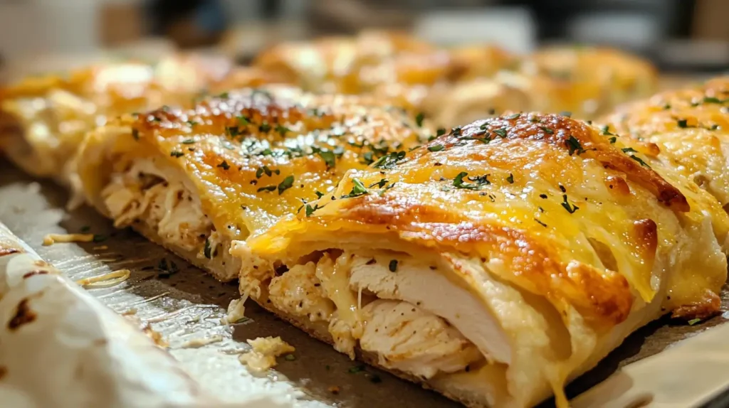 Completed chicken and cheese jalousie recipe sliced and served