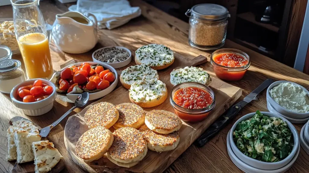 Beautiful breakfast spread featuring English muffins made with einkorn flour, served with fresh toppings like cream cheese, tomatoes, and homemade spreads.