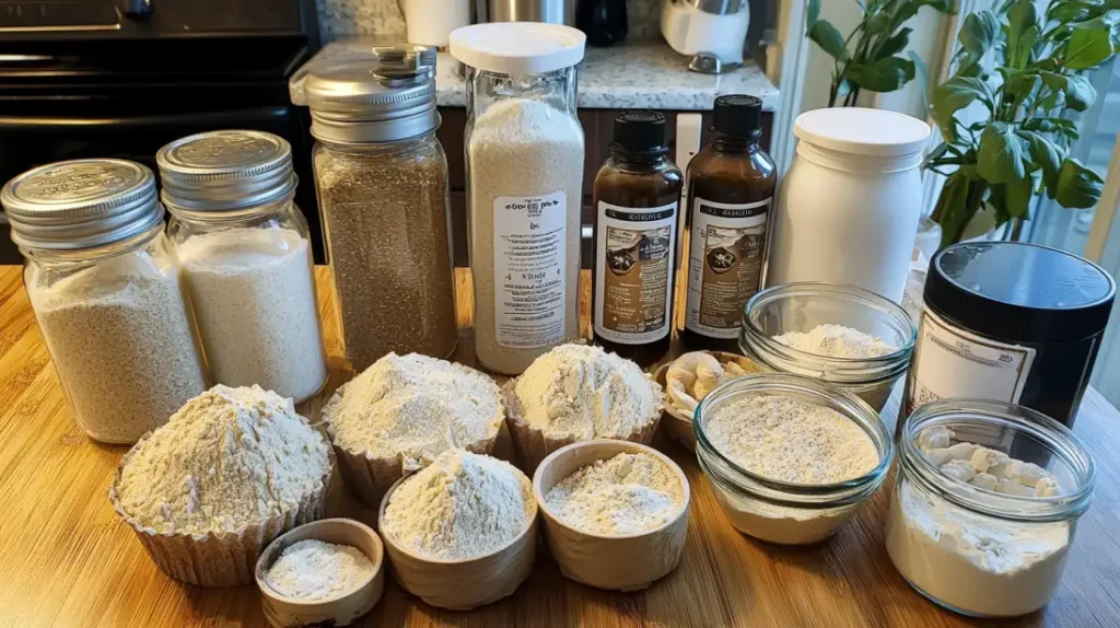 Essential ingredients for making English muffins with einkorn flour, including natural grains, organic flours, and baking essentials.