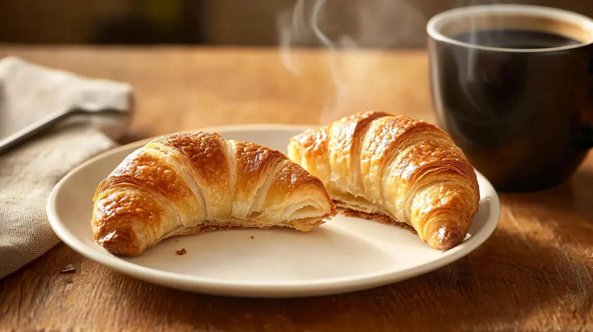 Gipfeli recipe – Traditional Swiss Gipfeli on a white plate with a cup of steaming black coffee