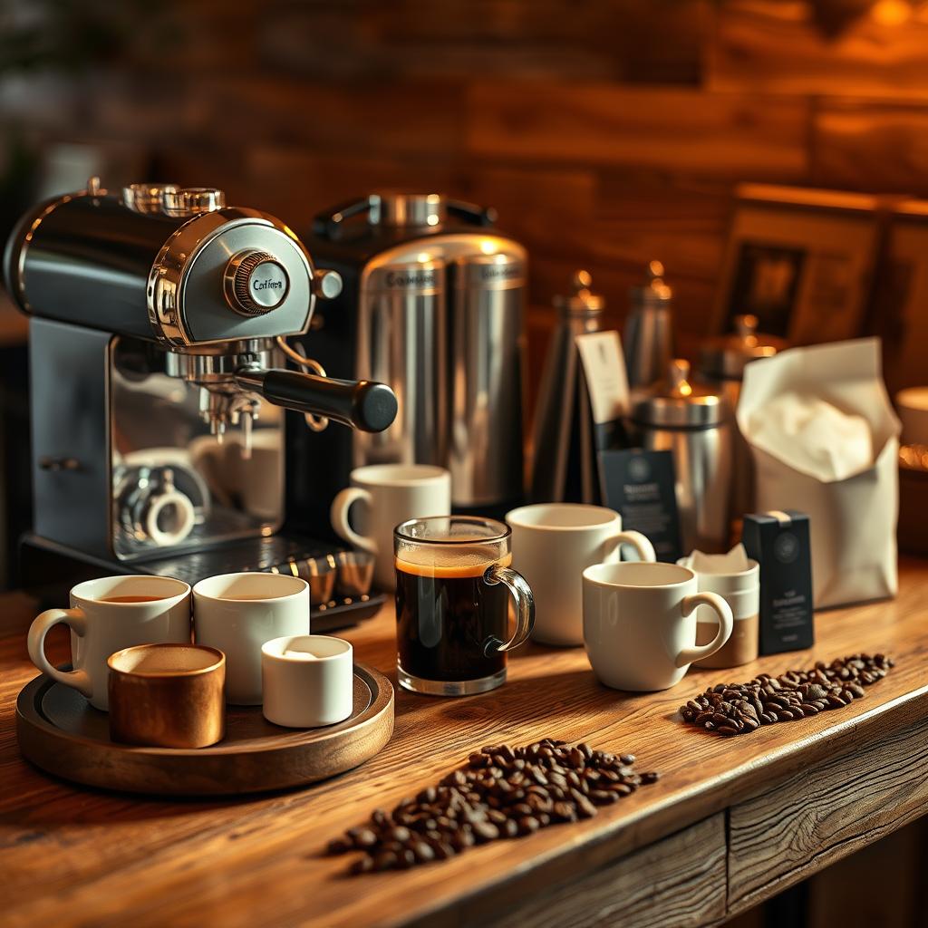 A stylish coffee station featuring a professional espresso machine, multiple coffee cups, fresh coffee beans, and brewing accessories in a cozy setting.