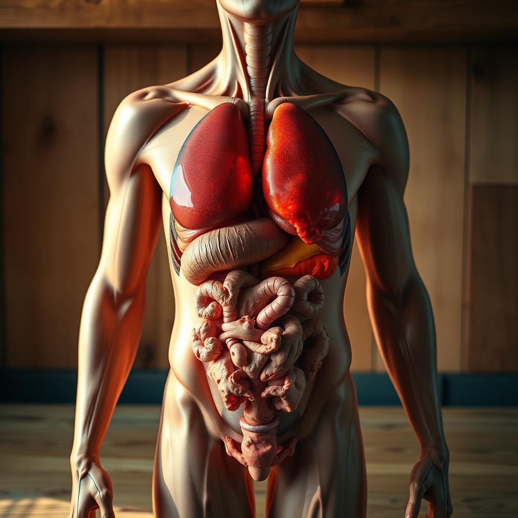 A detailed anatomical illustration of the human body highlighting internal organs related to digestion and detoxification.