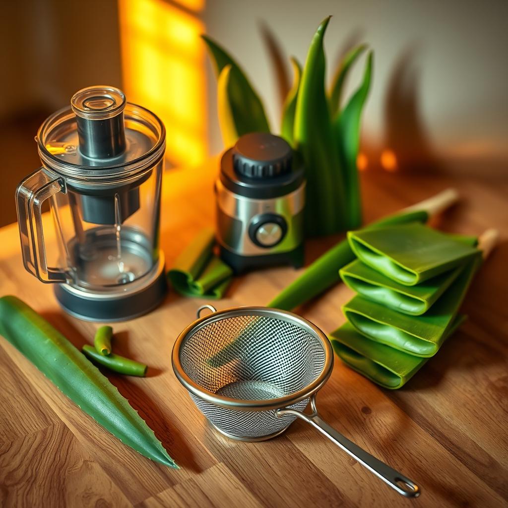 Fresh aloe vera leaves, a blender, and a strainer on a wooden countertop, ready for making homemade aloe vera juice.