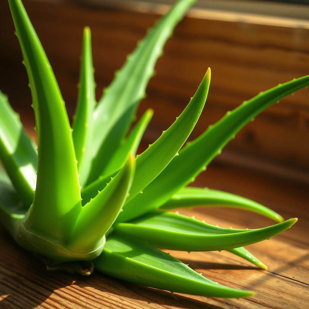 Close-up of a fresh aloe vera plant with thick green leaves, placed on a wooden surface.