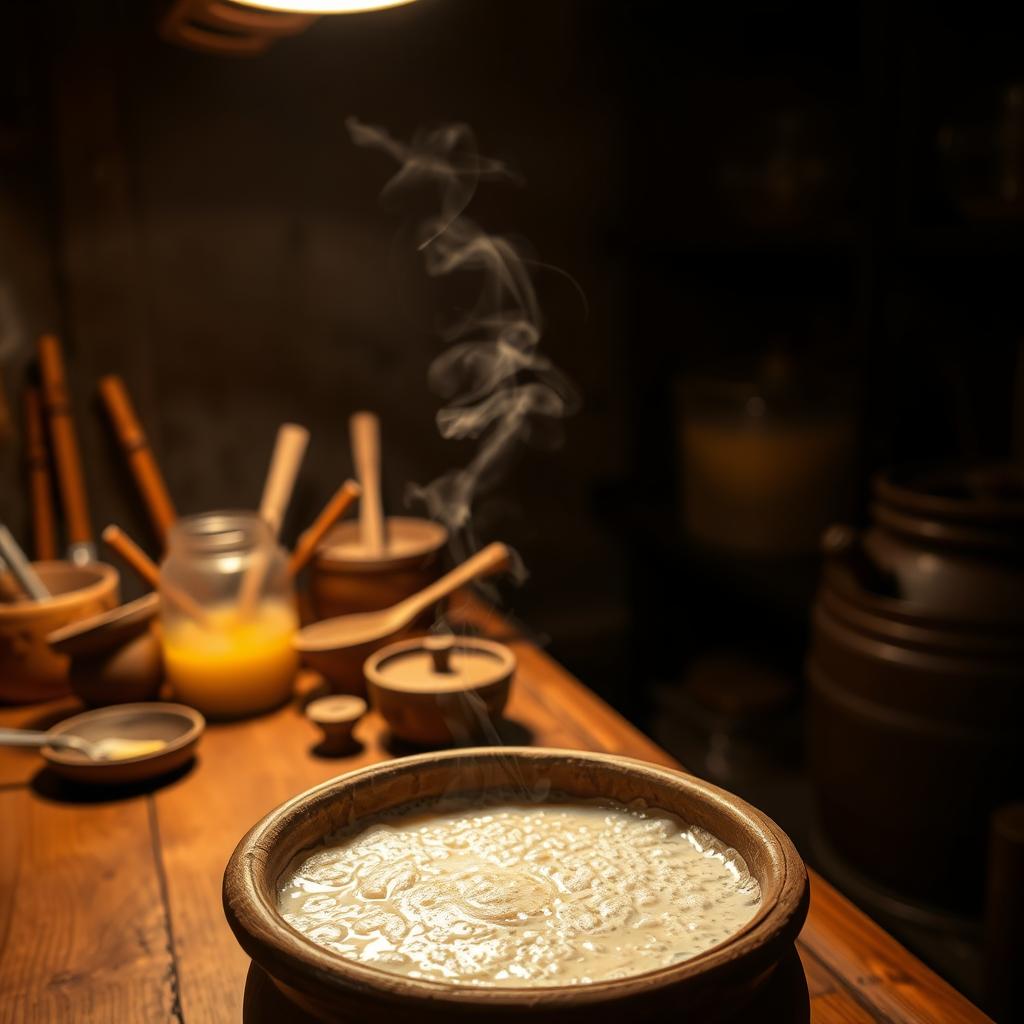 A steaming bowl of traditional porridge served in a rustic wooden bowl, surrounded by wooden utensils and natural ingredients in a cozy kitchen setting.