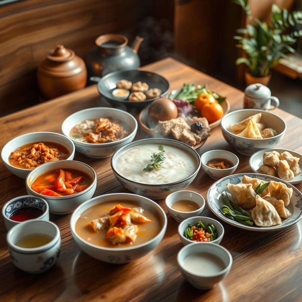 Traditional Asian breakfast spread featuring congee, dumplings, pickled vegetables, soups, and a variety of teas.