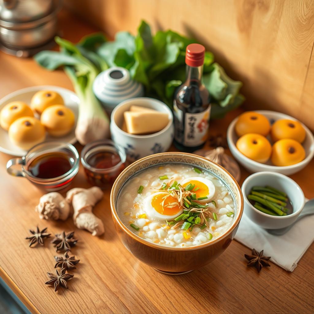 Traditional Asian breakfast spread featuring congee, dumplings, pickled vegetables, soups, and a variety of teas.