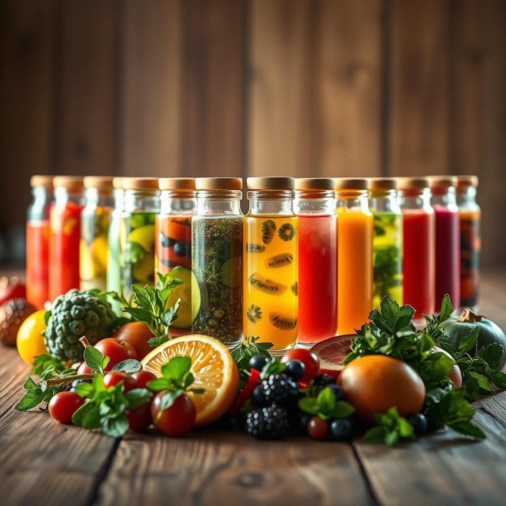 A variety of wellness shots and detox drinks in glass bottles, infused with fresh fruits, herbs, and superfoods, displayed on a rustic wooden table.