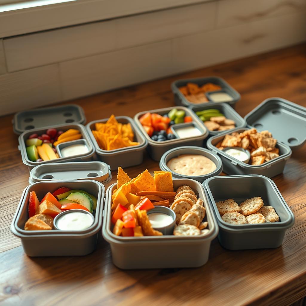 A healthy and balanced lunch for tweens, featuring sandwiches, fresh fruit, and veggie fries on a kitchen countertop.