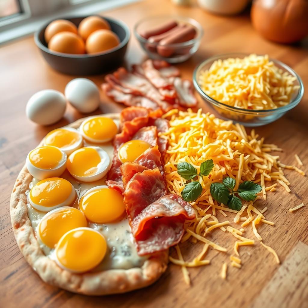 Frozen breakfast pizza with eggs, bacon, and shredded cheese