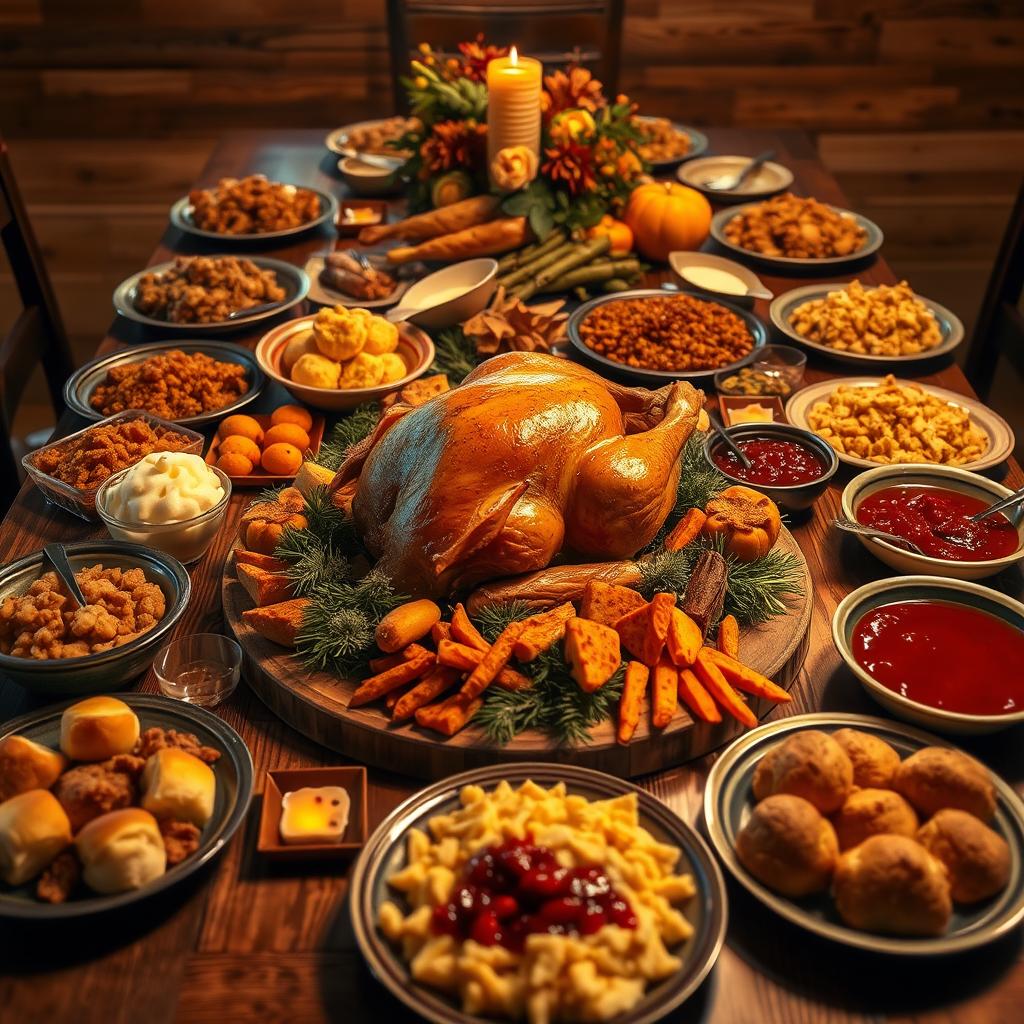 A beautifully arranged catered Thanksgiving dinner with a golden roasted turkey, side dishes, and festive table decor.