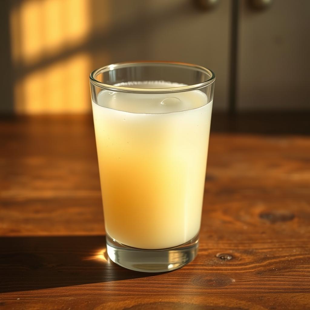 A refreshing glass of clear protein drink with ice, garnished with a slice of orange, placed on a wooden countertop.