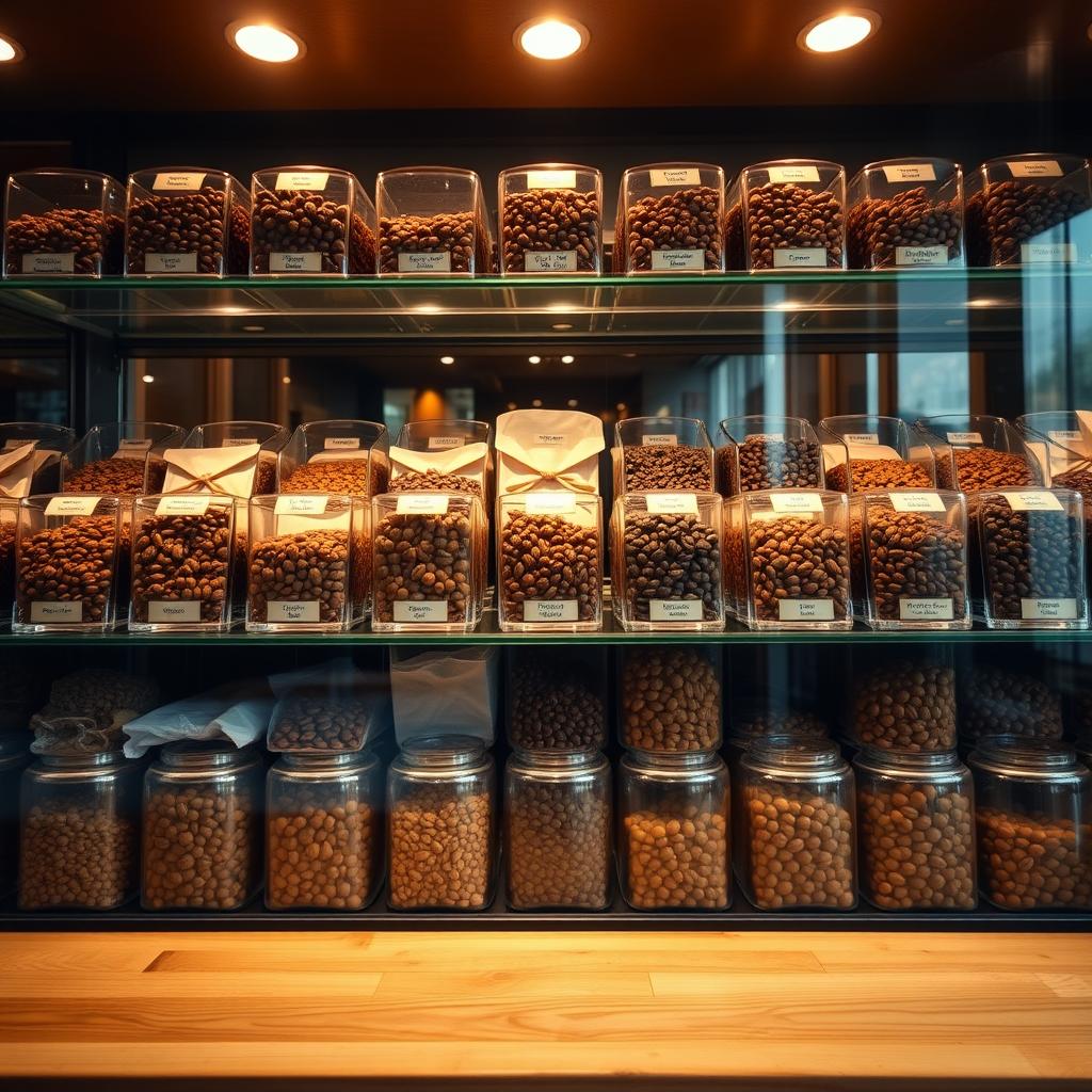 Selection of different coffee beans in labeled jars on a shelf