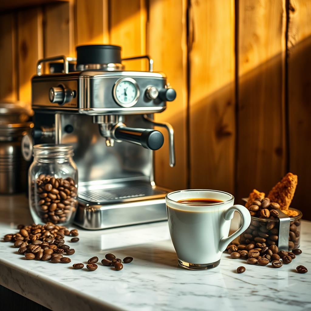 A freshly brewed cup of coffee placed next to a modern espresso machine, with coffee beans scattered around, creating a cozy and aromatic ambiance.