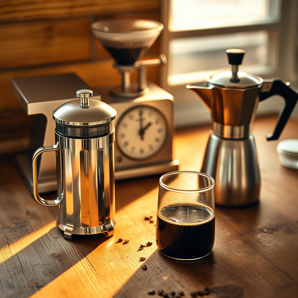 French press, coffee grinder, and moka pot with freshly brewed black coffee