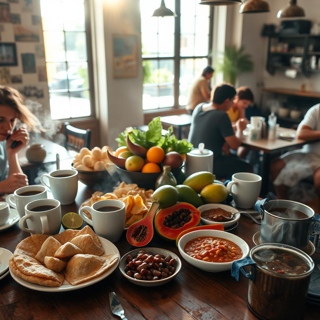 Traditional Colombian breakfast spread with coffee, empanadas, fresh fruits, beans, and a lively café atmosphere.