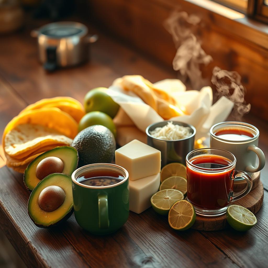 Traditional Colombian breakfast featuring arepas, cheese, avocado, lime, and steaming cups of coffee and hot chocolate.