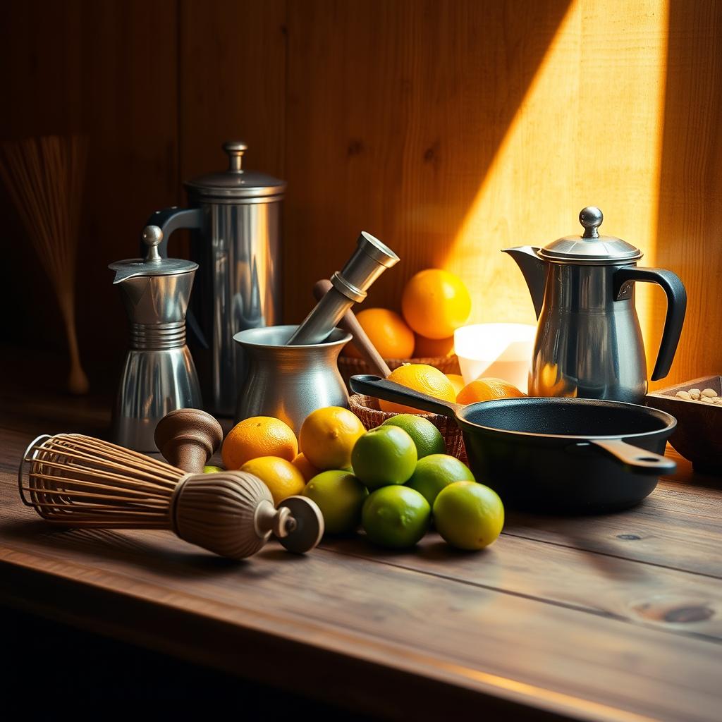 Traditional Cuban breakfast setup with metal coffee pots, fresh citrus fruits, and kitchen utensils in warm lighting