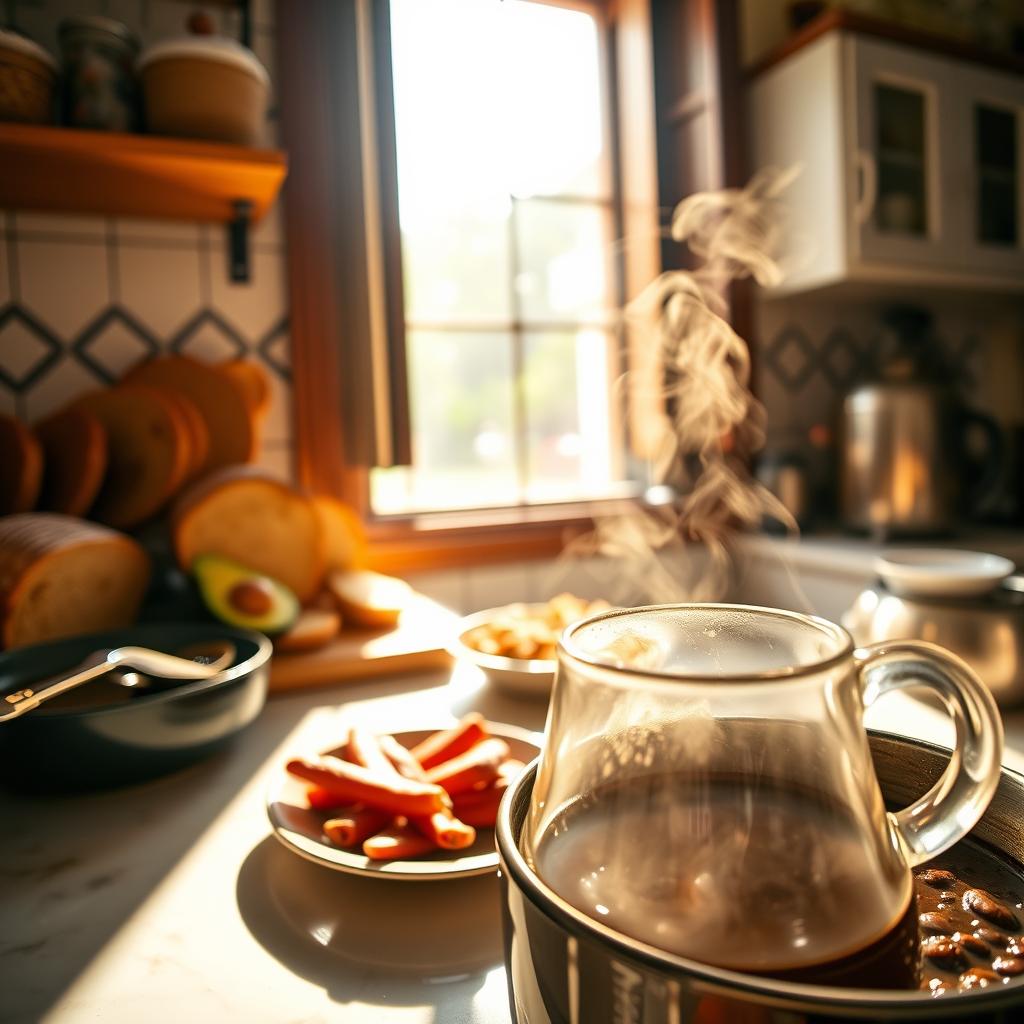 Traditional Cuban breakfast with steaming coffee, fresh bread, avocado, and chili peppers in a cozy kitchen setting.