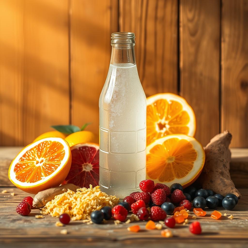 A refreshing bottle of morning recovery drink surrounded by fresh oranges, ginger, berries, and natural ingredients.