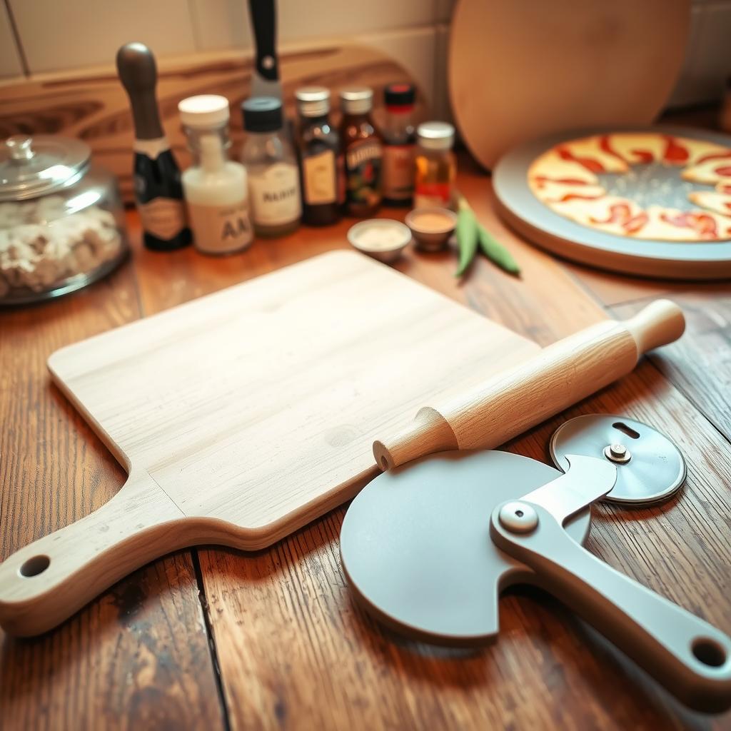 Wooden pizza board with rolling pin, pizza cutter, and pizza ingredients in a kitchen