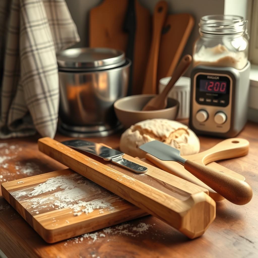 A rustic kitchen setup with sourdough bread dough, wooden utensils, and baking tools.