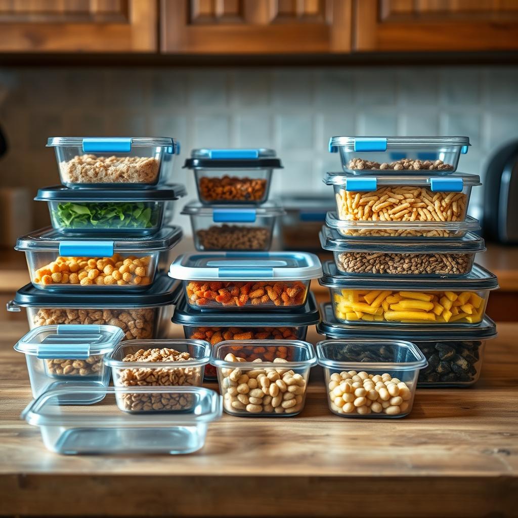 Frozen breakfast meal prep with neatly stacked containers filled with nuts, cereals, leafy greens, and other ready-to-eat ingredients.