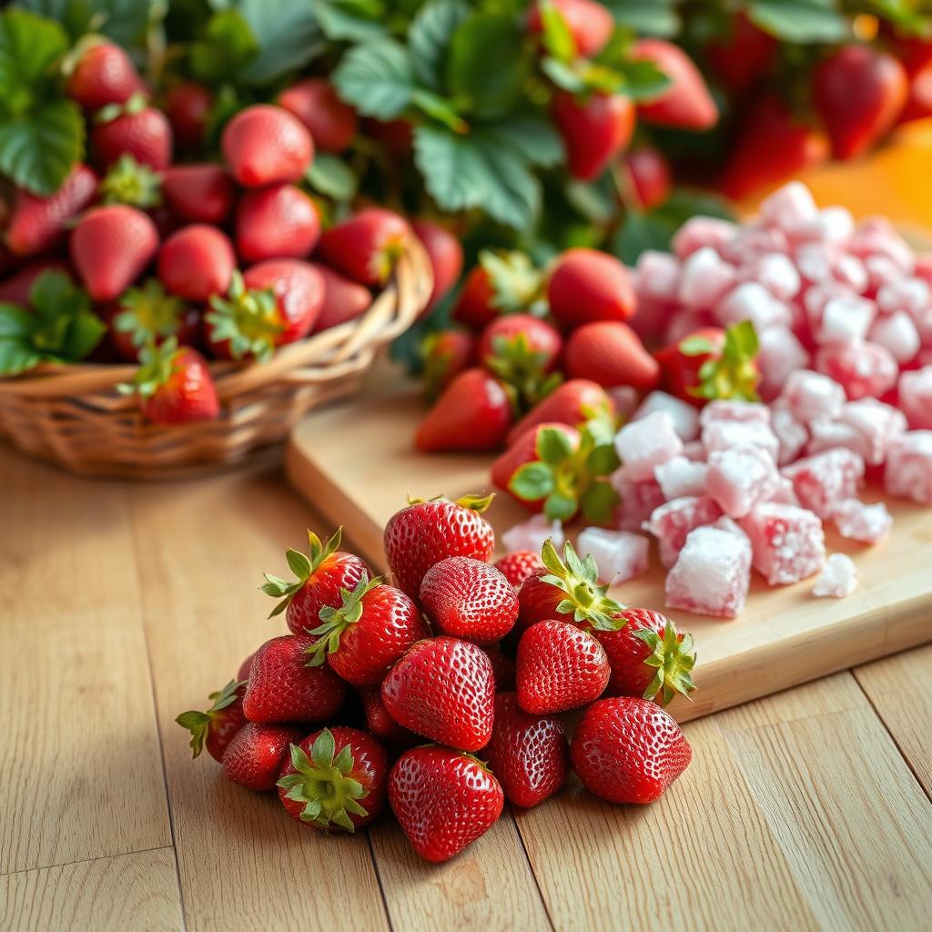 Fresh ripe strawberries arranged on a wooden countertop with strawberry-flavored candies on a cutting board.