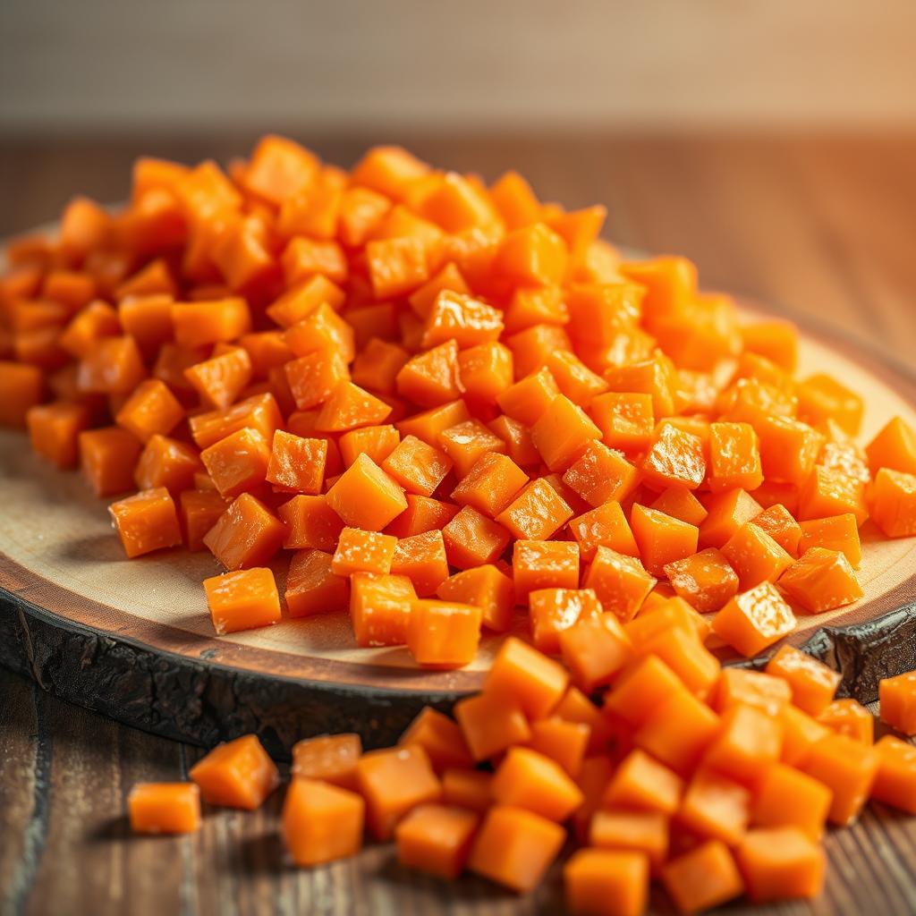 A glass bowl filled with frozen diced carrots, ready to be used in quick and easy dinner recipes.