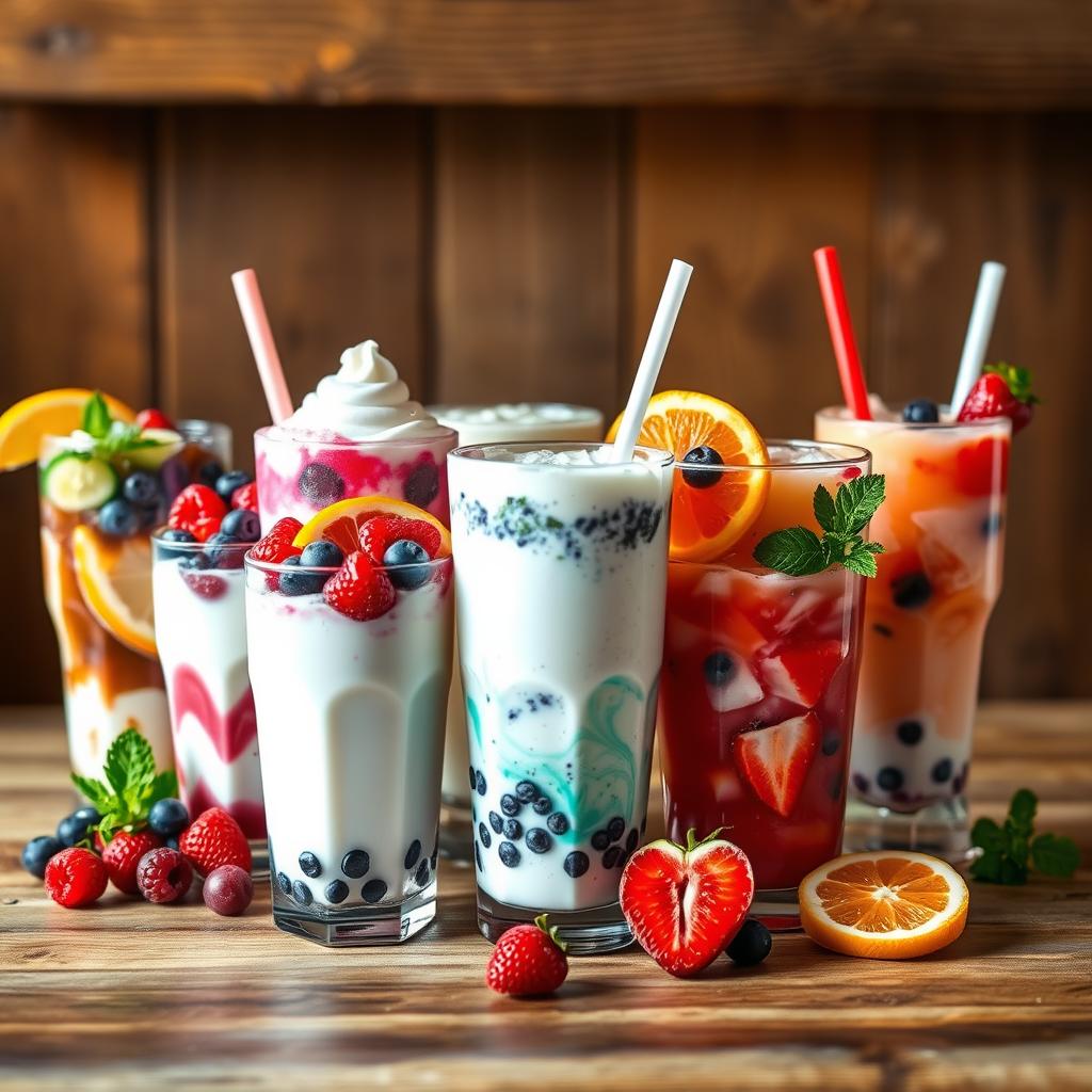 A colorful assortment of cold yogurt drinks and fruit-infused beverages, garnished with fresh berries, citrus slices, and mint leaves.