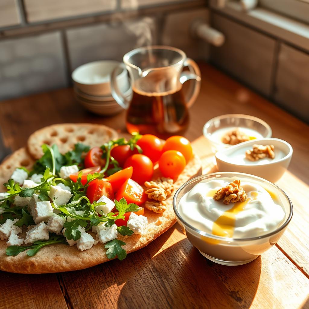 A traditional Greek breakfast with yogurt, honey, walnuts, pita bread, feta cheese, fresh tomatoes, and tea on a wooden table.