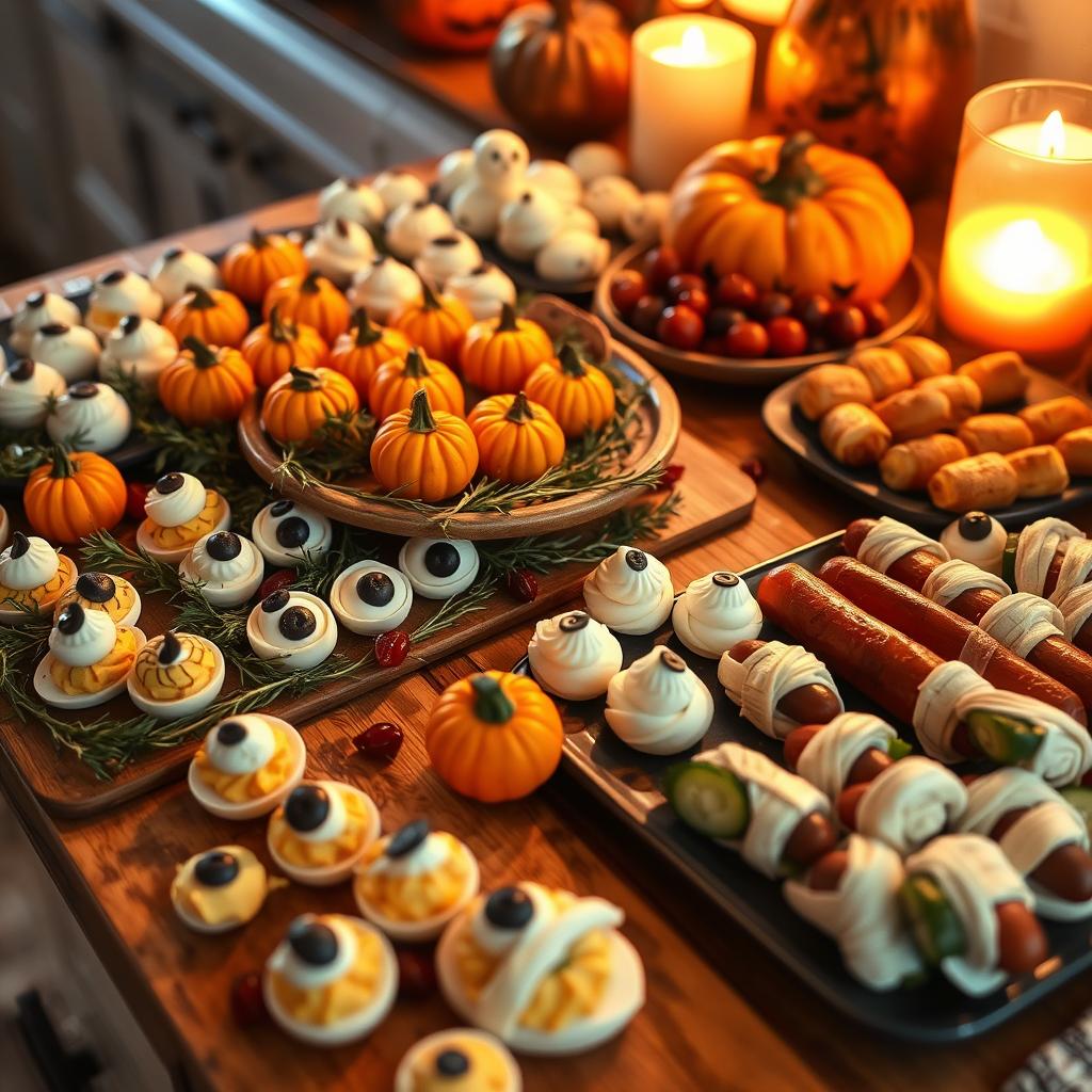 A spooky Halloween spread with pumpkin-themed treats, ghost meringues, mummy-wrapped snacks, and eyeball appetizers.