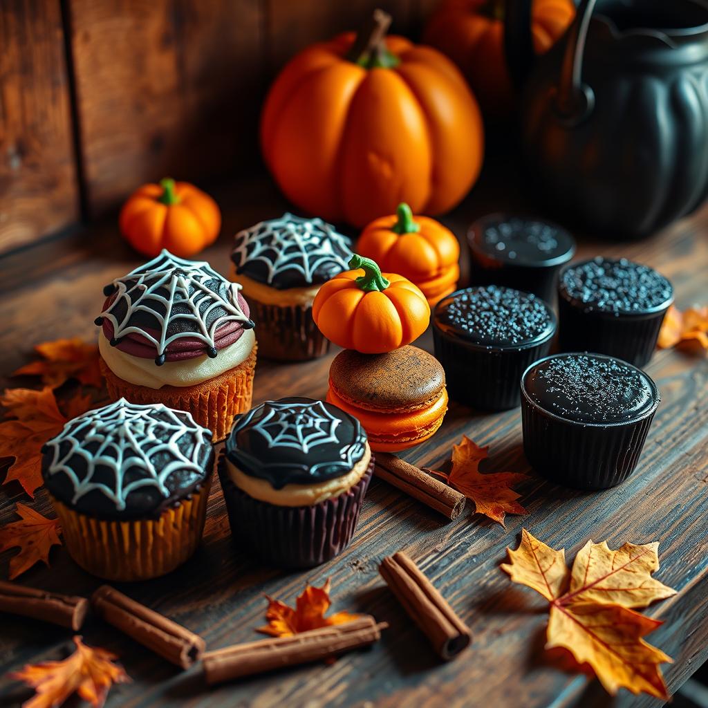 Halloween-themed cupcakes, macarons, and chocolate desserts with spiderweb icing and pumpkin decorations.