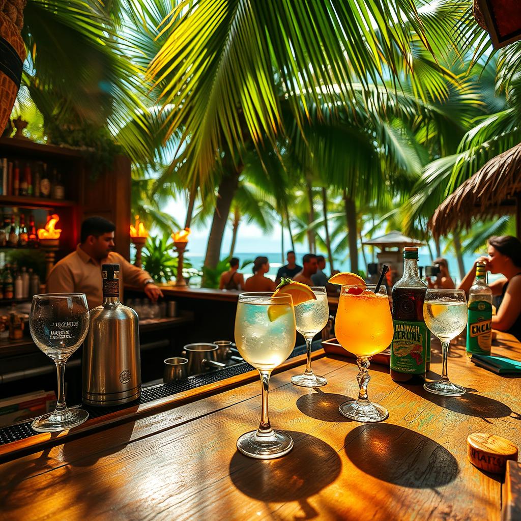 Hawaiian drinks served at a tropical beach bar with fresh fruit garnishes