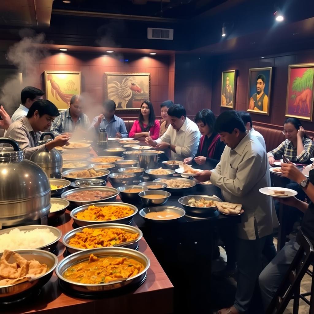 Indian lunch buffet with guests serving themselves from a variety of traditional dishes