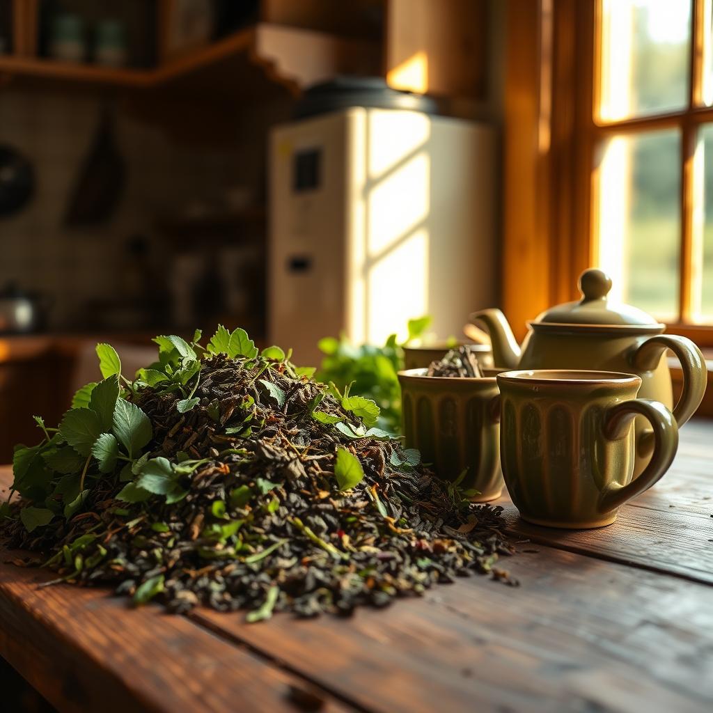 Irish breakfast tea with loose tea leaves, teapot, and mugs in a cozy kitchen