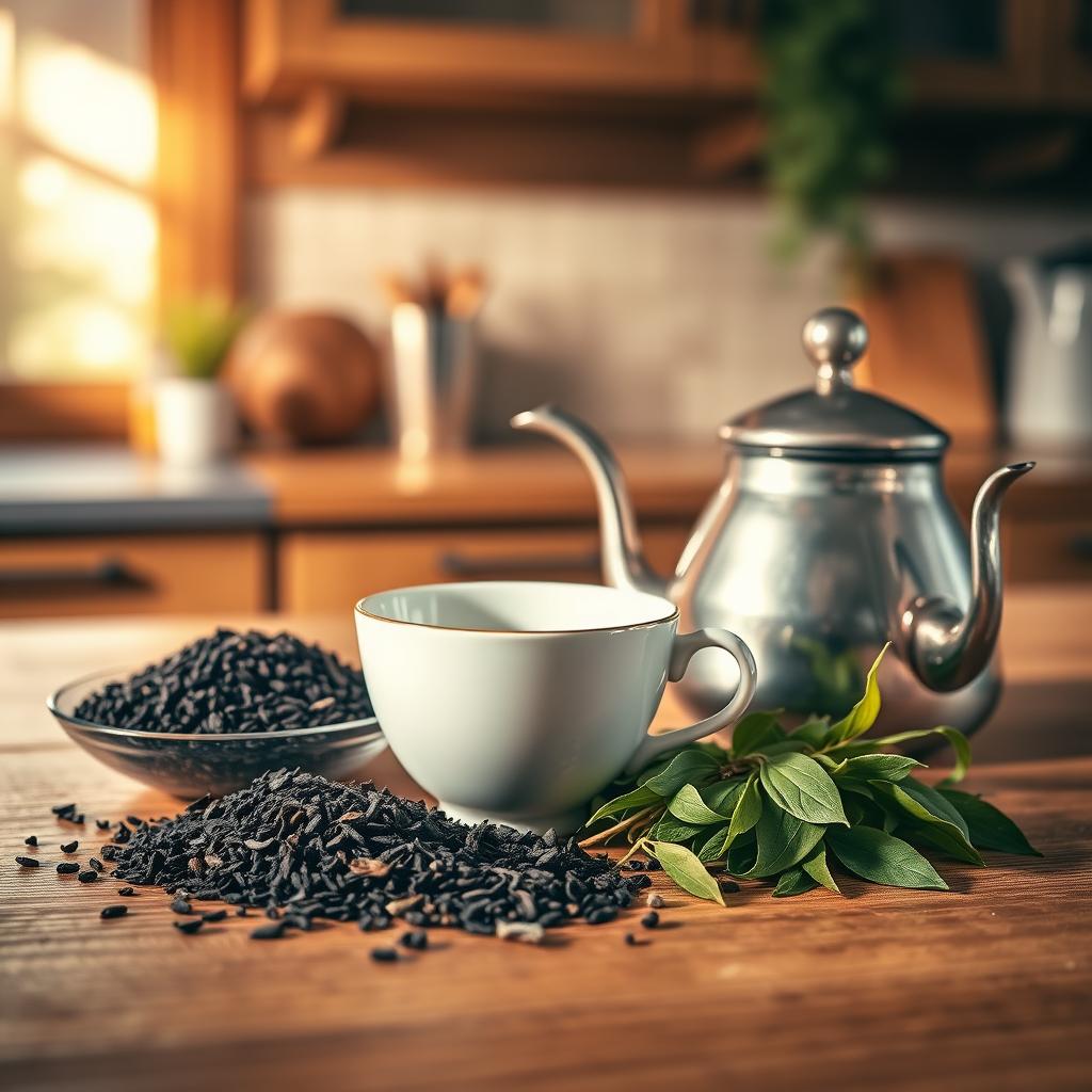 Irish breakfast tea with loose black tea leaves, a white cup, and a silver teapot