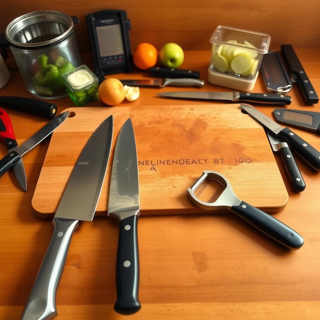 A wooden cutting board surrounded by various kitchen knives, a peeler, and fresh ingredients on a countertop.