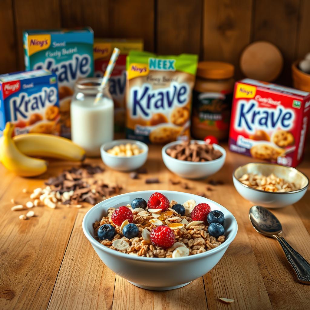 Krave breakfast cereal with fresh berries, nuts, and milk on a wooden table