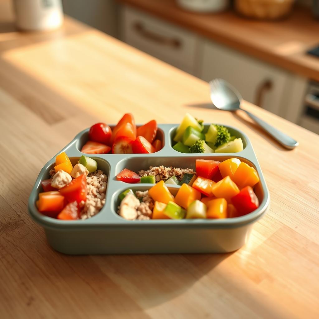 A balanced toddler lunch in a compartmentalized tray, featuring colorful chopped vegetables, lean protein, and whole grains, placed on a wooden table