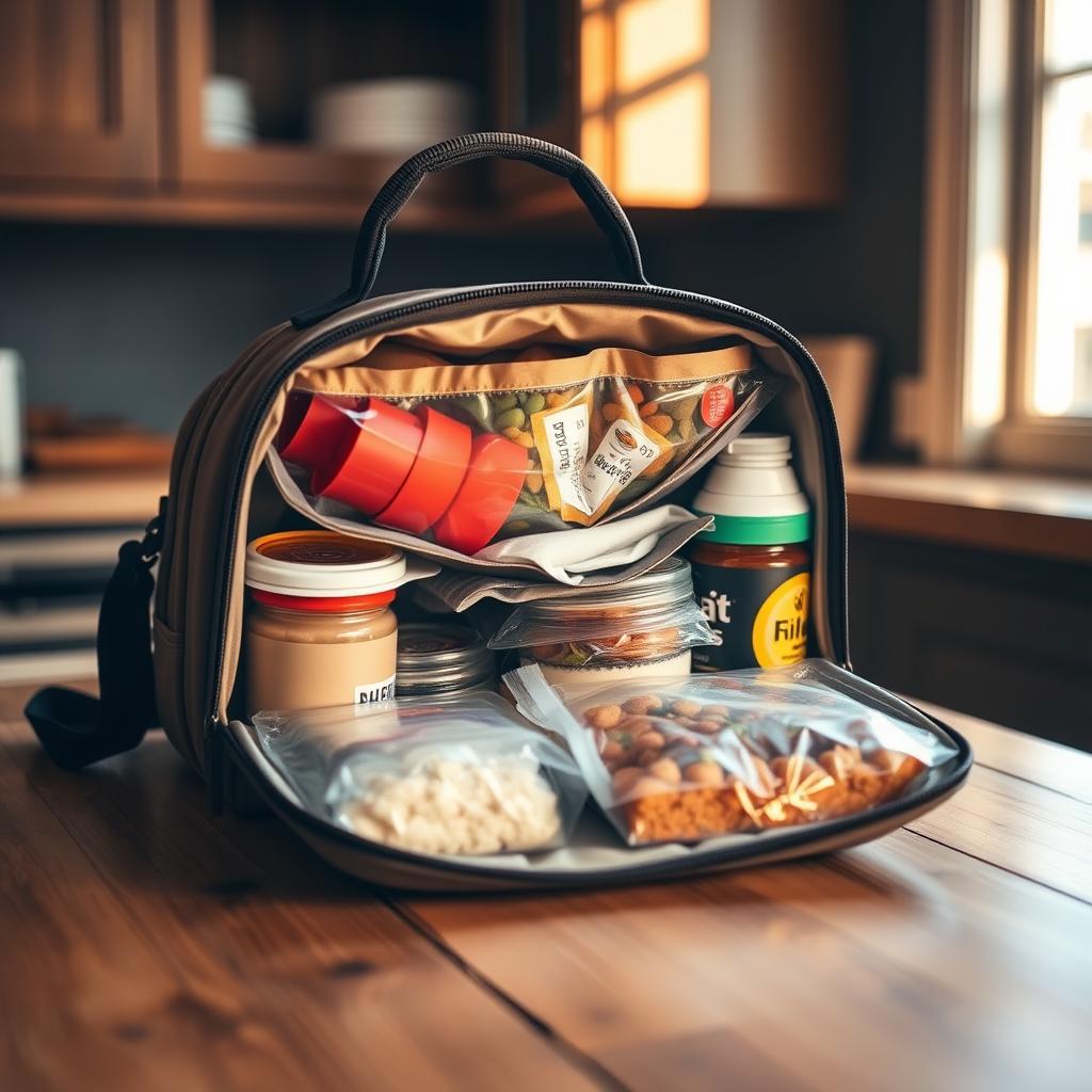 A meal prep lunch bag filled with fresh fruits, a sandwich, and healthy snacks, placed on a kitchen counter.