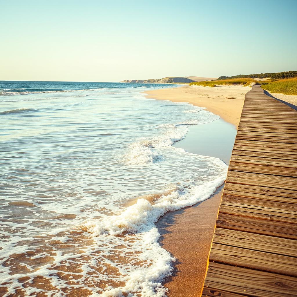 A serene Mid-Atlantic coastal beach with gentle waves, golden sand, and a wooden boardwalk.