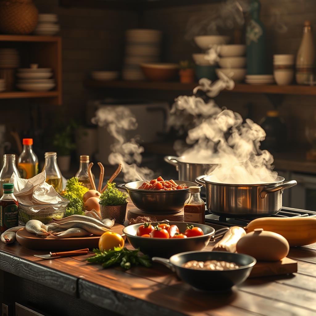 A rustic kitchen scene with fresh seafood, vegetables, and steaming pots preparing a Mid-Atlantic-inspired meal.