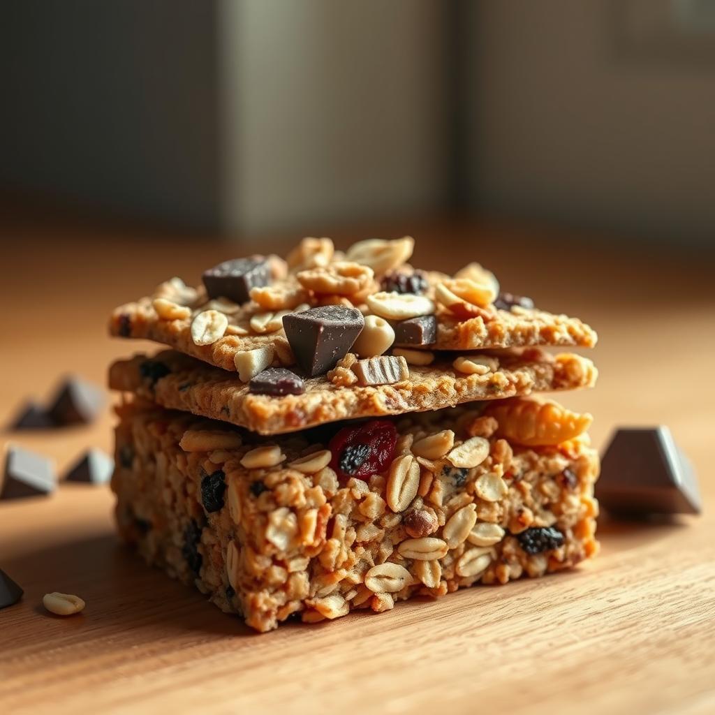 A stack of homemade granola bars with oats, peanuts, dried fruits, and chocolate chunks, placed on a wooden surface.